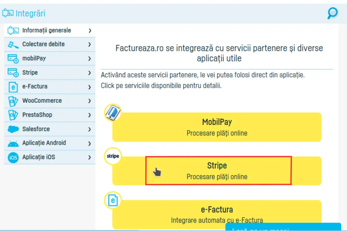 integrare facturi online Stripe